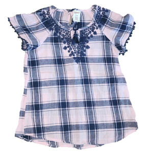 Arizona JEAN CO Pink and Blue Plaid Short Sleeve Tee with Embroidery and Pom Hem